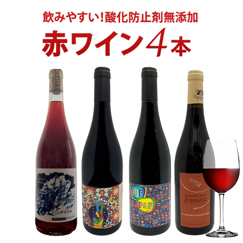 フランス 酸化防止剤無添加 赤ワイン 4本 セット [W][WT58] ワインセット 酸化防止剤 無添加ワイン 亜硫酸無添加 SO２フリー 無添加ワイン ナチュールワイン オーガニックワイン【4～5営業日以内に出荷】【送料無料】［沖縄・離島は追加送料がかかります］